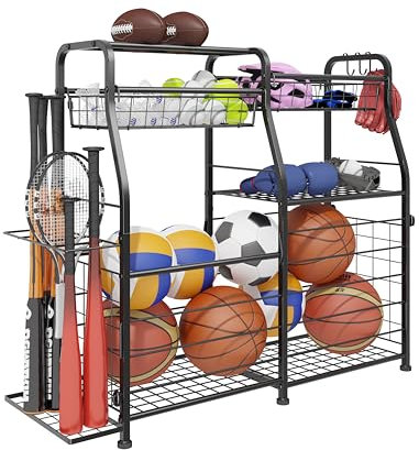 LUMAMU Small Garage Organizer - Sports Equipment Organizer Rack, Ball Storage Rack, Garage Organizer System for Sports Gear and Toys, Indoor/Outdoor Ball and Toy storage, Black