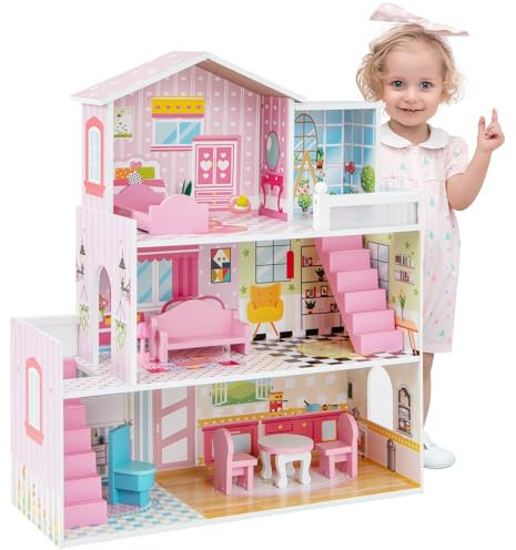 HOMASIS Maison de poupée à 3 étagères, maison en bois poupées avec 5 chambres, villa de rêves, jeux pour filles et enfants à partir de 3 ans, 60 x 25 x 70 cm, rose