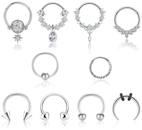 EOAMGO 10Pcs 16G Septum Piercing Jewellery, Nose Ring Septum Ring CZ Opal Cartilage Daith Hoop Earrings Helix Piercing Jewellery Nose Piercing Nose Rings Silver