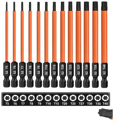 Saipor Set med 13 Torx-bitar, 100mm lång Torx-skruvmejselbit (T5-T40), S2-stål 1/4 sexkantskaft, magnetisk, långa bitar för ackuskruvmejlar