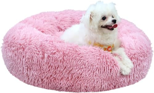 MDDK DY Cama Perro Pequeño 50 cm, Cama Gato Redonda y Suave de Felpa, Cojín Antideslizante Lavable, Ideal para Mascotas Pequeñas, Rosa