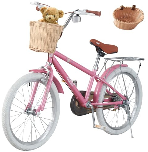 LSLIFE Girls Bike with Basket for 11-14 Years Old Kids 20 Inch Kids Bicycle Adjustable Seat & Handlebars Pink Girls Bike with Stabilizers Double Brake (22 Inch)