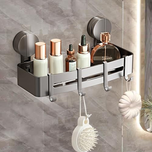 Mensola da bagno,Portaoggetti da Appendere,mensola doccia con ventosa senza foratura, dotata di 4 ganci, installazione rapida e rimozione del ripiano doccia, adatto per vetro bagno,cucina,doccia