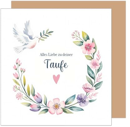 Edition Seidel Premium fyrkantigt gratulationskort för dop med kuvert. Dopkort gratulationskort kort dopbarn pojke flicka barn barn duva blomkrans (ETQ136 SW025)