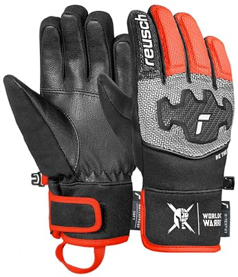 Reusch Worldcup Warrior Prime R-TEX XT Gants de Ski pour Enfants & Adolescents – Gants de Course avec Coussinets de Cheville et de Doigts, imperméables, Coupe-Vent, Respirants, Softshell, Cuir