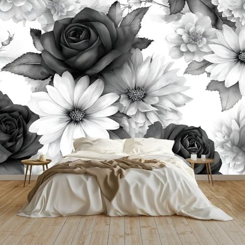 Quality Non-Woven Photo Wallpaper 138 x 101 inch (W x H), Wall Mural Delicate Elegant Flowers Roses Photo Wallpaper 3D Effect - Light Gray Print Bedroom Living Room Background Decoration Poster