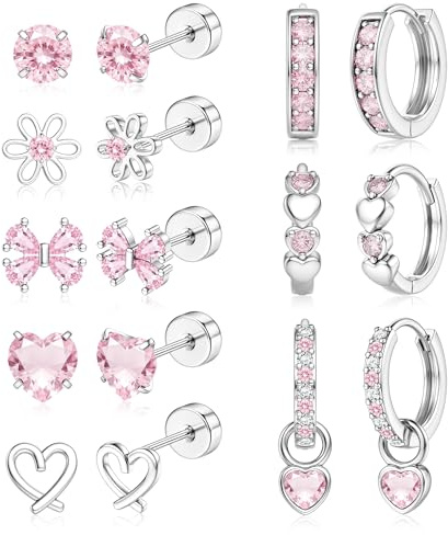 Finrezio 8 Paar Ohrringe Mädchen Chirurgenstahl Hypoallergene Ohrringe für Mädchen Damen Flachem Verschluss Ohrstecker Kinder Creolen mit Anhänger Zirkonia Piercing Ohr für Kinder Herz