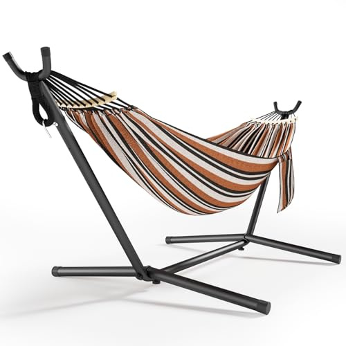 Angchiluo 600lbs Hammock with Stand for Outside, 2 Person Portable Hammock with Side Storage, Carrying Bag, Expend Wooden Bar for Outdoor or Indoor (Brown Black)