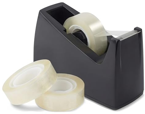 NARYAL Heavy Duty Tape Dispenser, Weighted Non-Slip Base, Black | One-hand serrated cutter | Fits 1/3 (25/76mm) cores, 19-25mm wide tape | 2 rolls included | Home, Office, School, Gift Wrap