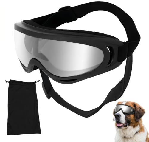 Lunettes de Soleil pour Grands Chiens de plus de 15 kg avec Protection UV - Large Champ de Vision, Bandeau Ajustable et Coussinets Nasaux, Sac de Rangement Inclus