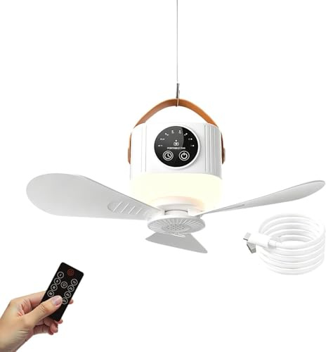 Ventilador de techo portátil, dispositivo de refrigeración recargable de 4 velocidades, 7200 mAh - Ventilador de techo con luz para cenador, patio, garaje, autocaravana, porche, terraza, terraza