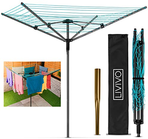LIVIVO Heavy Duty Folding 4 Arm Rotary Garden Washing Line Clothes Airer Dryer, 45m with Cover, Metal Ground Spike Included