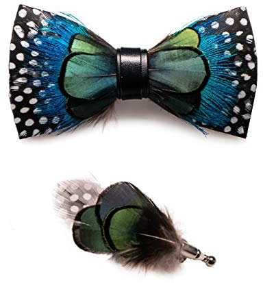 JEMYGINS Handgemacht Hochzeit Party Leder Fliege Feder Fliegen mit Geschenkbox Set für Herren, M, Weißer Fleck&blaue Seite