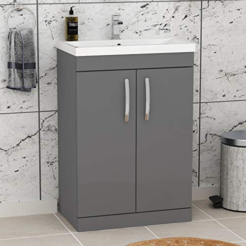 Royal Bathrooms 600mm Floor Standing Bathroom Vanity Unit Mid Edge Basin 2 Doors Storage Cabinet Furniture - Indigo Grey Gloss