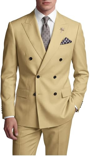 Wangyue Mens Suit Slim Fit 2 Piece Champagne Double Breasted Suit for Man Wedding Regulair Fit Champagne Double Breasted Blazer Homecoming Formal Business Groom Prom Tuxedo 2025 M