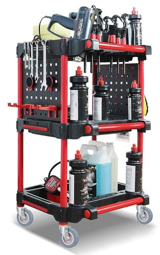 3 Tier Rolling Tool Cart with Wheels & Ergonomic Handle, Heavy Duty Car Detailing Cart, Utility Mobile Service Cart, Multifunctional Storage Organizer for Car Wash/Wax, Home, Garage, Warehouse