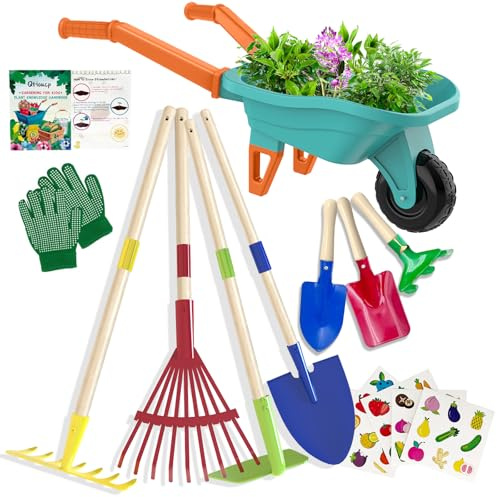 Qtioucp Kids Gardening Set with Wheelbarrow, Real Metal Garden Tools for Kids Ages 3-8, 4 Long Handle Tools, 3 Hand Tool, Gloves, 5 Stickers, Handbook, Outdoor Backyard Toys for Toddler Gift