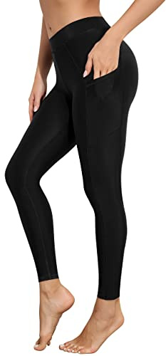 ATTRACO Womens High Waisted Swim Leggings with Pockets UV Swimming Pants Black M
