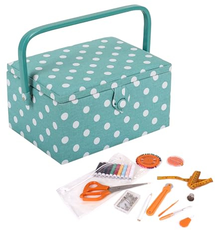 Hobby Gift Exklusive vorgefüllte Nähbox, Bastel-Aufbewahrungsbox mit 94-teiligem Nähset inklusive, 18,5 x 25,5 x 14,5 cm, Enteneiblaue Tupfen