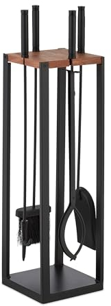Relaxdays Set da 5 Attrezzi da Camino o Stufa, Attizzatoio, Pala, Scopino, Pinza e Porta Utensili in Ferro, Nero Marrone