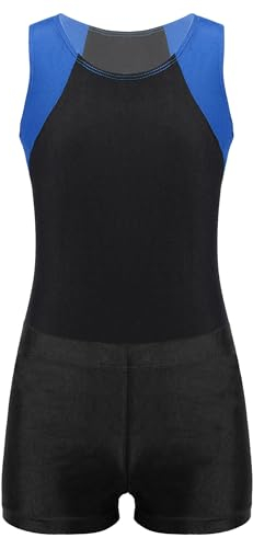 MSemis Jungen Tanztrikot ärmellose Turnanzug Gymnastik Leotard mit Shorts Kinder Gymnastikanzug Wettbewerb Sportanzug Königsblau & Schwarz 110-116