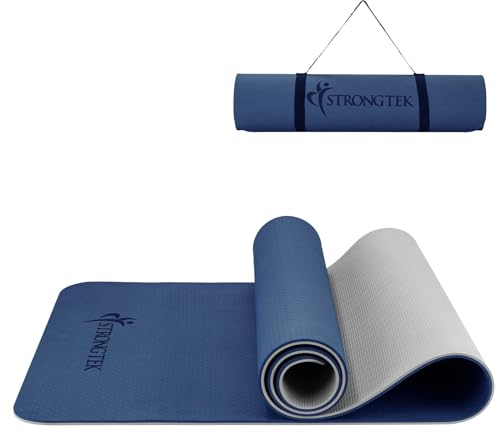 StrongTek Extra Dicke Yogamatte, 8mm, TPE Yogamatte für Frauen und Männer, Beidseitig Rutschfeste Turnmatte, Fitnessmatte mit Tragegurt für Pilates und Bodenübungen (Blau-Grau)