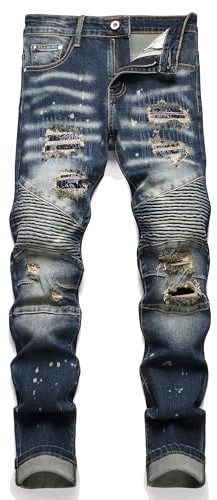 AITITIA Men's Biker Zipper Deco Washed Straight Fit Jeans, 1991 Blue, 38