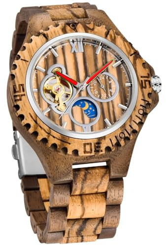 Tiong Relojes mecánicos de madera para hombre esqueleto reloj automático auto bobinado ligero para hombres reloj de pulsera, Fbm-mw001-marrón, Gótico