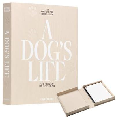 Printworks Hundealbum - A Dog's Life - Erinnerungsbuch aus Stoff Beige mit 30 Seiten - Große Erinnerung für 10 x 15 cm Fotos mit Schreibraum - Ausziehbares Fotoalbum für Tiere