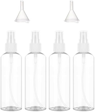 Lxtness 4 Pièces Flacon Spray Vide,100ml Flacon Vaporisateur Fine Brume avec 2 x Entonnoir,Voyage Bouteille Transparent en Plastique Contenant Liquide pour Cosmétique