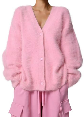 COZYPOIN Womens Fuzzy Cardigan Sweater V Neck Long Sleeve Button Down Furry Slouchy Drop Shoulder Knit Coat 2026 Fashion Pink