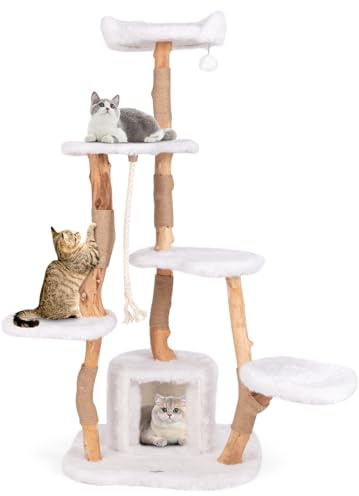 COSTWAY Klösträd trä, 168 cm högt, kattträd med plattformar, kattgrotta, klösträd av jute, sisalrep, boll och mjuk plysch, klösträd, klätterträd, kattmöbler för katter, vitt