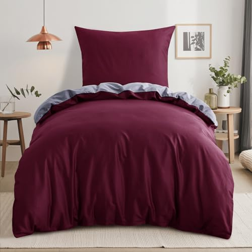 RUIKASI Bettwäsche 140x200 Baumwolle Rot - Bettwäsche-Sets 140x200cm 2teilig Wendebettwäsche 2tlg mit Reißverschluss, zweifarbige Bettbezug Set Burgunderrot und Grau Cotton