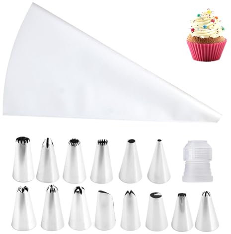 HQRKOTM 16pcs Beccucci Sac a Poche Professionali Beccuccio per Grande Inox Bocchette Decorative per Pasticceria Beccuccio Sacca a Poche Stella Punte per Piping per Decorare Cupcakes,Torte
