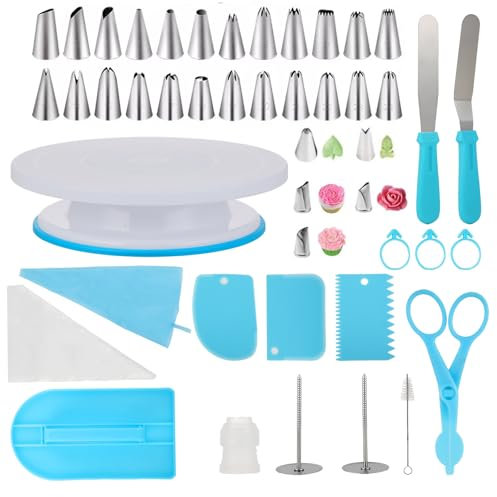 65 Pezzi Kit Pasticceria - Piatto Girevole per Torte - Kit Pasticceria Professionale, Acciaio Inossidabile e PP, Include Piatto per Torte, Raschietto per Dolci, Boccaglio per Decorazione