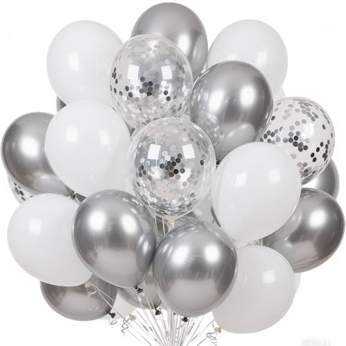 Ballonger silver vit, 60 stycken konfetti silverballonger, 30 cm (12 tum) bröllopsballonger, metalliska silverballonger med band för födelsedag, bröllop, alla hjärtans dag, nyårsafton, dekoration