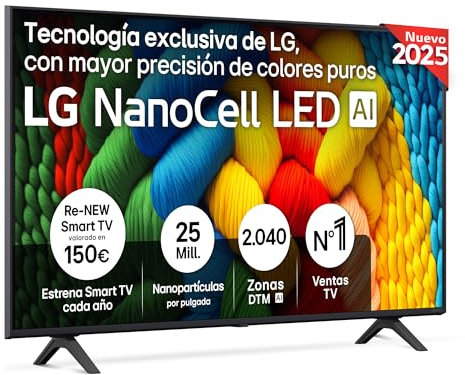 LG 50NANO80A6B - TV 50, 4K NanoCell, Smart TV, LED IA, WebOS 25, Procesador Potente e Inteligente, Super Upscaling, Dolby Digital Plus, Alexa/Google Assistant, Negro