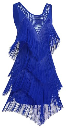 FYMNSI Women Latin Dance Dress Tassel Fringed Rhinestones Sleeveless Flapper Gatsby Dresses Women's Professional Ballroom Dance Dresses Tango Salsa Cha Cha Dancewear Costume Royal Blue S