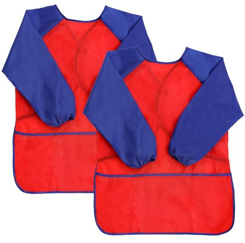 XIEJINJIA 2 Pack Kids Art Smock with Long Sleeve 3 Roomy Pockets Artist Children Aprons for Age 3-8 Cooking Painting Craft (Red)