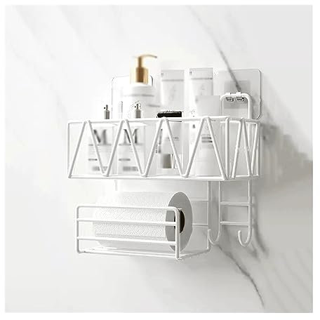 YHxFlux Bathroom Shelves Toilet Wall Storage Rack Washstand Double Layer Cosmetic Storage Rack with Tissue Holder and Hook Wall Mounted Metal Storage Rack Without Punching Shower Caddy(White)