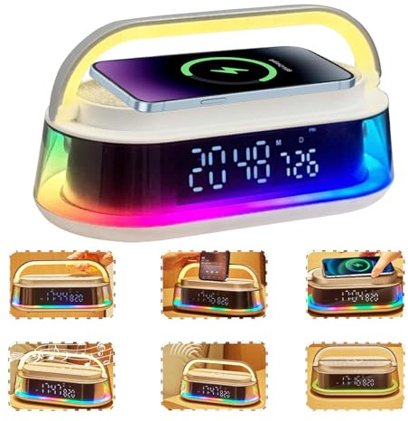 Liwankaqi Bluetooth Speaker with Wireless Charger,Digital Alarm Clock with Bluetooth Speaker,FM Radio,Adjustable LED Night Light,15W Fast Wireless,USB Charging Port, for Bedroom, Desk