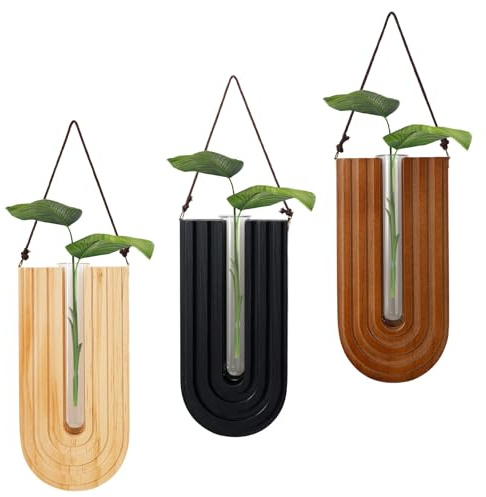 Deuson 3 Stück Wand Pflanzgefäß,Wandvasen aus Holz,Wandvasen für Pflanzen Innen,Dekorative Wandpflanzgefäße mit Glasrohr und Haken,für Flure,Korridore und Restaurants(schwarzbraune holzfarbe)