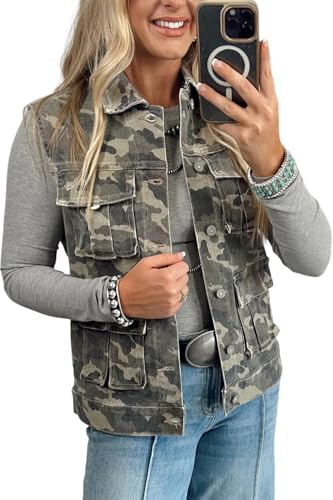 Maketina Womens Camo Denim Vest Sleeveless Button Down Jacket with Utility Cargo Flap Pockets Green XL
