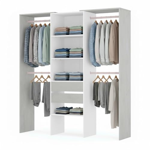 Armadio Guardaroba Da Terra Senza Porte Con 4 Barre Appendiabiti 4 ripiani E 2 Cassetti Design Salvaspazio Per Camera Da Letto Cabina Armadietto Marianka 203 x 50 x 179 Cm Bianco Opaco Grigio Cemento