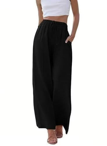 Omoone Womens Cotton Linen Trousers Wide Leg Drawstring Palazzo Pants | Loose Fit, Elasticated High Waist, Side Pockets, Lightweight, Maternity-Friendly, Beach, Office, Summer Casual Loungewear