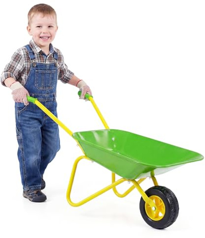 COSTWAY Carretilla para Niños, Carrito de Jardín Infantil con Ruedas Todoterreno, Asas Antideslizantes y Soporte de Aparcamiento Estable, Carretilla de Juguete para Niños de 3+ Años (Verde)