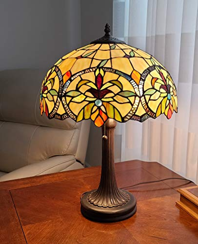 Tiffany Style Table Lamp Banker 23 Tall Stained Glass Green Tan Orange Yellow Floral Flower Vintage Antique Light Décor Living Room Bedroom Handmade Gift AM313TL16B Amora Lighting