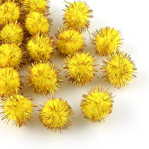 Perlin Plush Pompons mit Gold Glitzer, Rund Pompon, Gelb Farbe Set 15mm Bommel Nähen Tilda Basteln Borte bälle Flauschigen Plüsch Bälle für Lustige DIY Kreative Handwerk 100 Stk