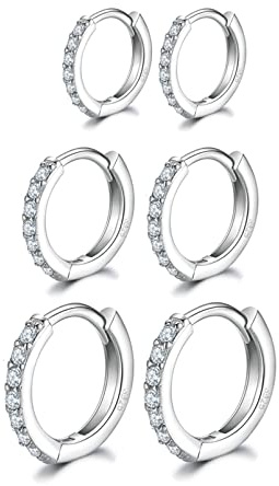 Silver Hoops Earrings for Women, 925 Sterling Silver Post Small Silver Hoop Earrings with AAA Cubic Zirconia, 3 Pairs Small Sleeper Hoops Huggie Hinged Earrings (8/10/12mm)