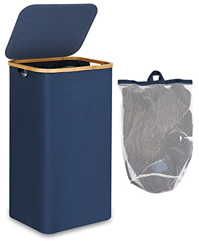 efluky XL 100L Laundry Baskets with Lid, Clothes Basket Laundry Hamper with Bamboo Handles & Inner Bags for Drity Cloth Organizer, Collapsible Laundry Box for Bedrooms Blue
